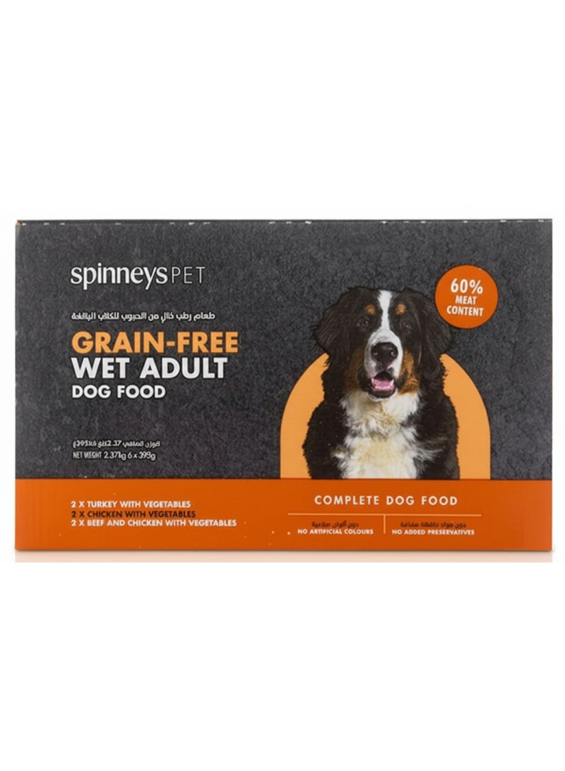 Grain-Free Wet Adult Dog Food 60% Meat Content 2 X Turkey Chicken Beef & Chicken With Vegetables No Artificial Colours Or Preservatives 6X395G